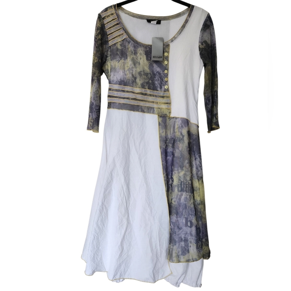 DOLCEZZA asymmetrical white/green unique midi dress, size M, art deco